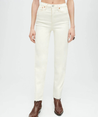 RE/DONE Jeans Size 28 70's Stove Pipe Frayed Ivory High Rise With Stretch