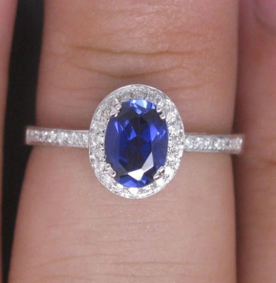 Anel de casamento feminino folheado a ouro branco 14K 2 quilates oval criado em laboratório safira azul - Imagem 4 de 4
