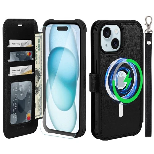 VANAVAGY Wallet Case for iPhone 15 Plus/14 Plus RFID Leather Flip with Card