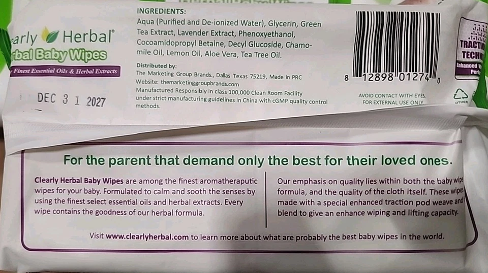 12pk 72ct Clearly Herbal Baby Wipes Case Essential Oils Natural Herbal 864tot  - Image 2 of 2