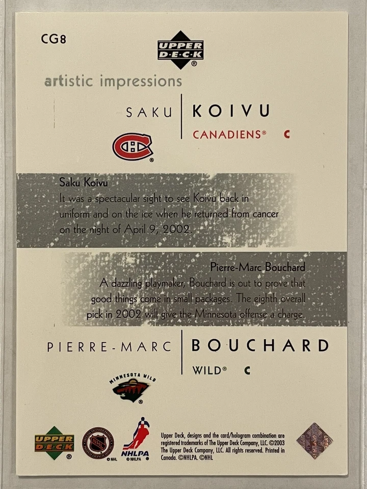 2002-03 Upper Deck Saku Koivu/Pierre-Marc Bouchard Artistic Impressions RC - Image 2 of 2