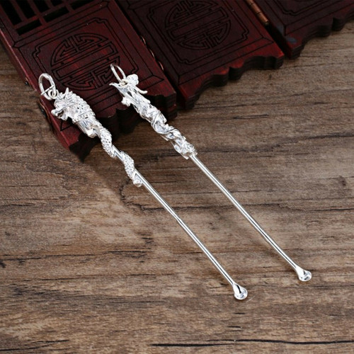 Pure S990 Sterling Silver Ear Pick Men Women Gift Lucky Dragon Phoenix Pendant - Picture 1 of 22