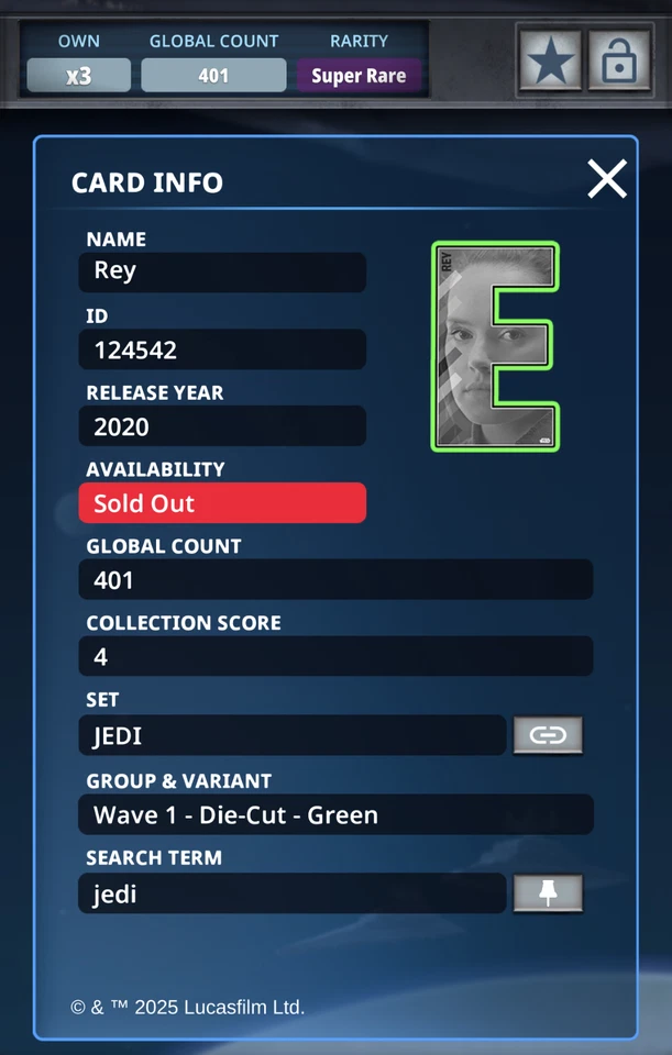 Topps Star Wars Card Trader 2020 JEDI Die-Cut Green Rey SR 401cc - Image 2 of 2