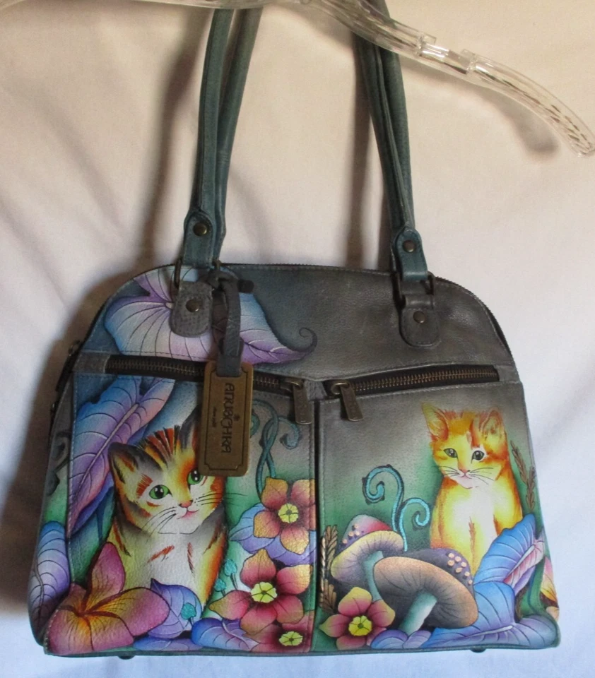 Bolso de Mano Anuschka RARO Gato Hongo Cuero Cartera Azul Pintado Gatito Monedero Bolso de Mano Foto 2 de 4