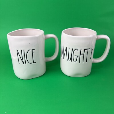 Rae Dunn Christmas Naughty Nice White Mug Set Black Lettering Farmhouse Decor