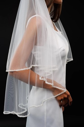 bridal veil 1 Tier Beaded edge Pearls Veil Elegant Fingertip Veil - Picture 4 of 4