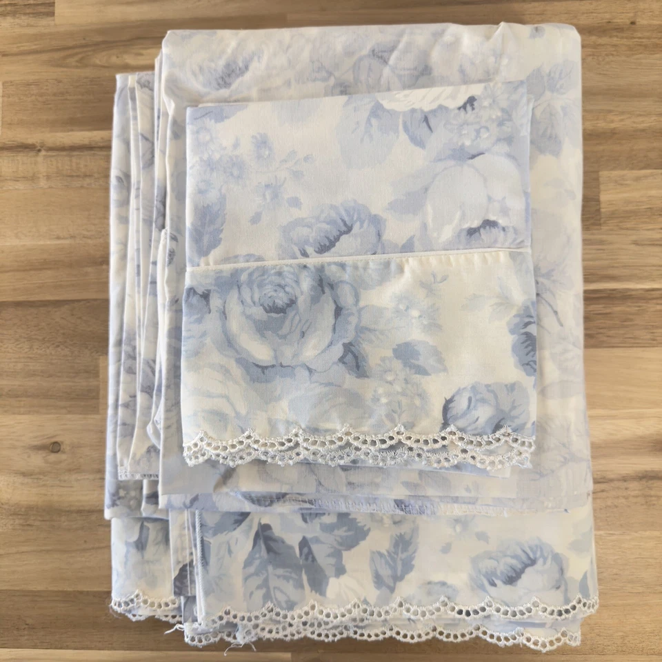 RARO Conjunto de Lençóis Eileen West Martex Queen 4 Peças Azul Peônia Floral Ilhós Renda Antigo - Imagem 2 de 4