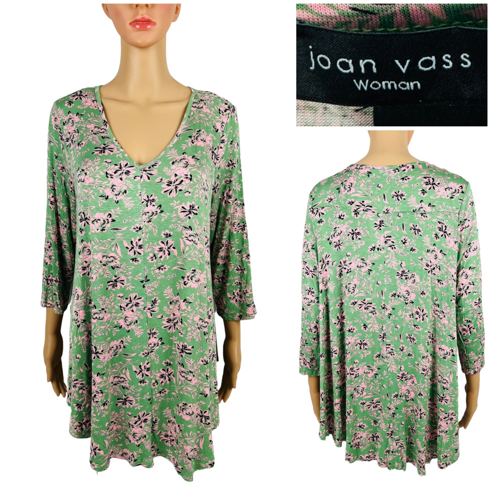 Joan Vass Womens Top Green Floral Pink 3/4 Sleeve Rayon Stretch Flare NWT $48