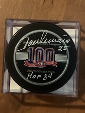 Jacques Lemaire signed Montreal Canadiens 100 Seasons puck inscribed HOF ‘84 COA