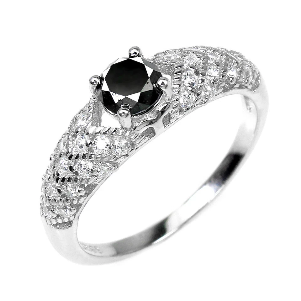 Anillo de plata de ley 925 redondo diamante negro 5 mm topacio piedras preciosas joyería tamaño 7 Foto 2 de 4