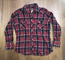 VTG Wrangler Shirt Mens L Red Check Plaid Pearl Snap Collared Western Cowboy
