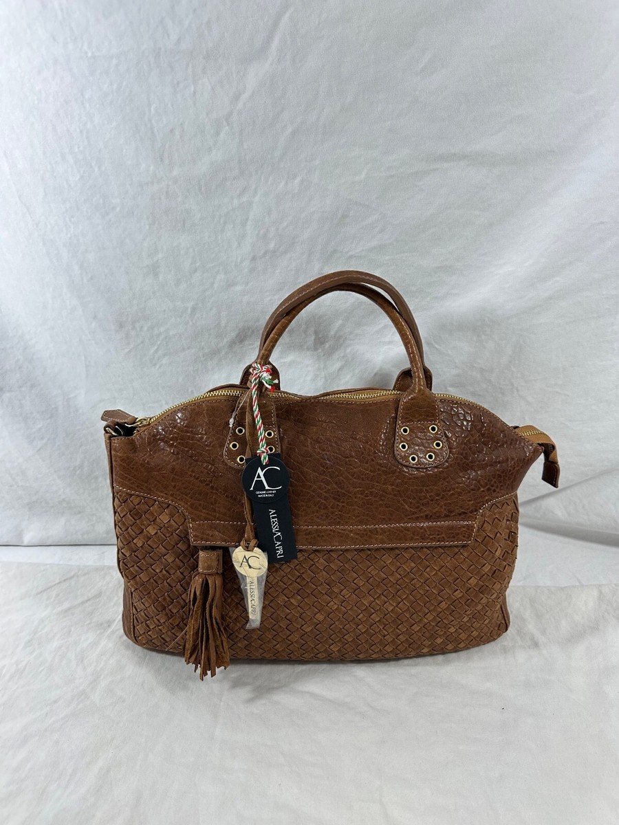 Genuine ALESSIA CAPRI tan leather woven satchel bag purse | eBay