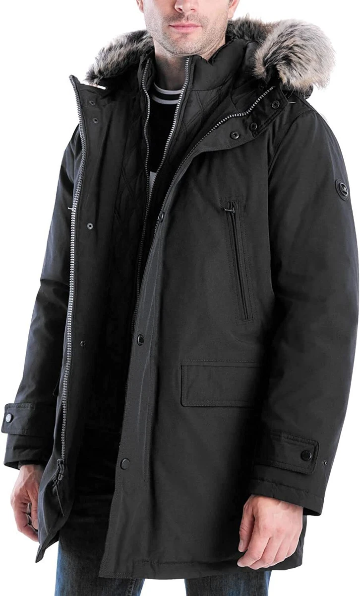 Michael Kors Men Coat Heavyweight Long Sleeves Hooded Snorkel Parka Fur Trim New