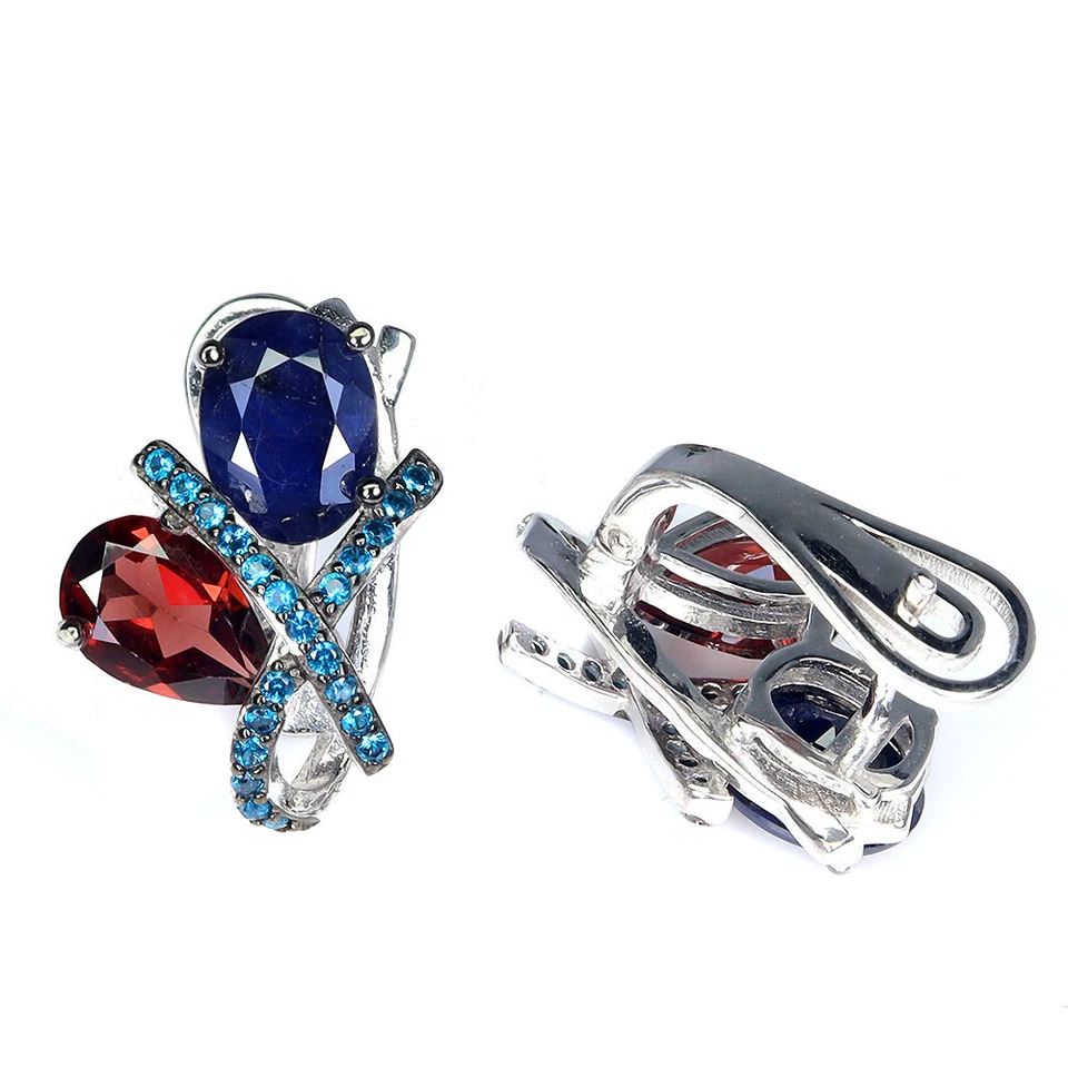 Pendientes de plata de ley 925 con zafiro azul ovalado 9x6 mm joyas de piedras preciosas naturales Foto 3 de 4