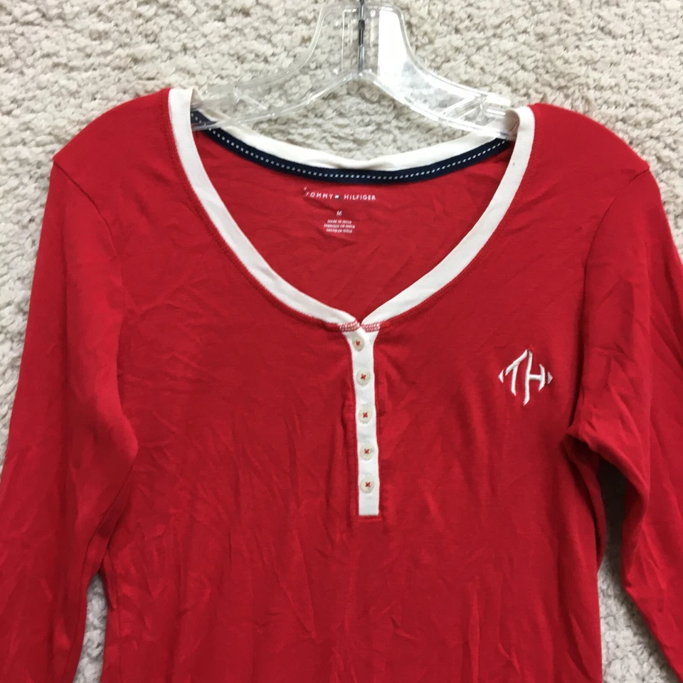 Tommy Hilfiger 睡衣上衣中号成人红色亨利长袖休闲女式 M — 第 2/4 张图片