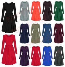 New Women Ladies Frankie Swing Dress Flared Skater Jersey Long Sleeve Midi Plus.