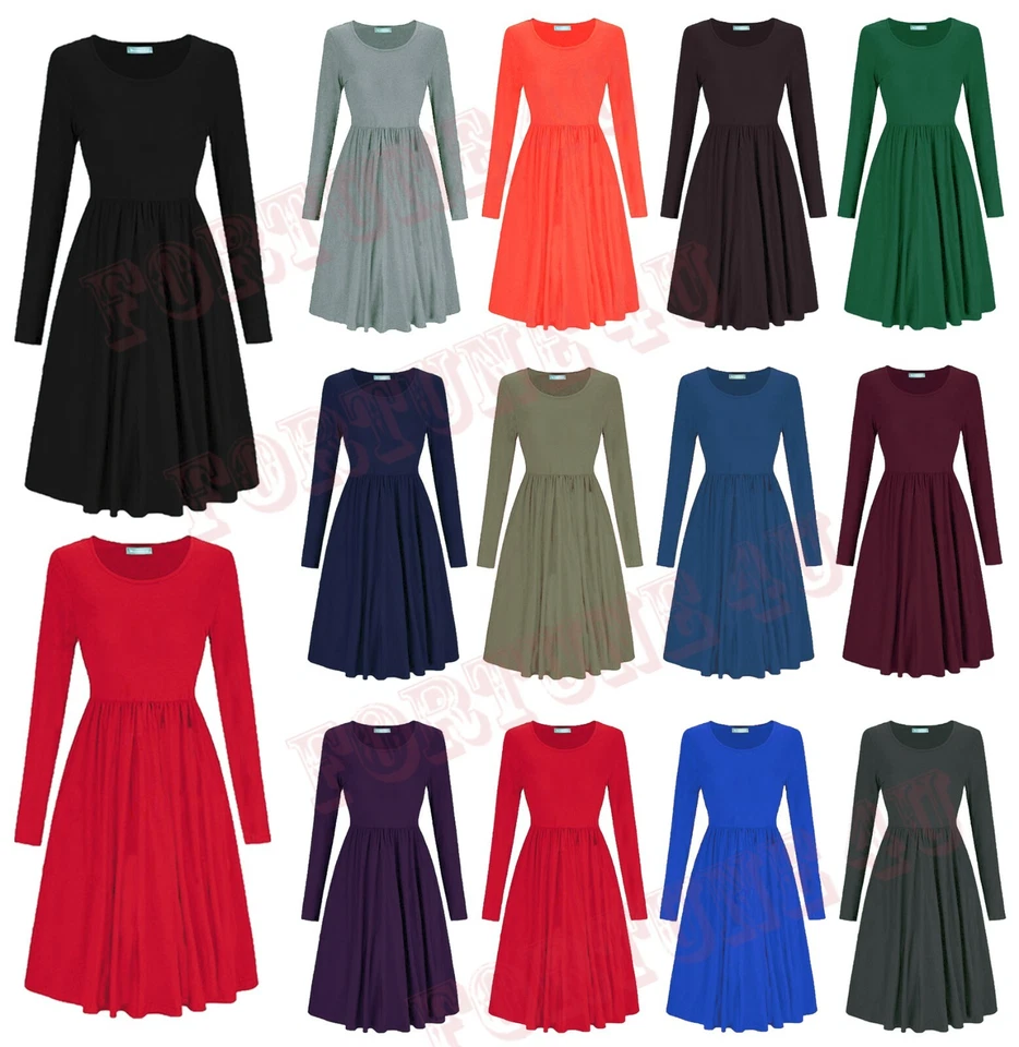 New Women Ladies Frankie Swing Dress Flared Skater Jersey Long Sleeve Midi Plus.