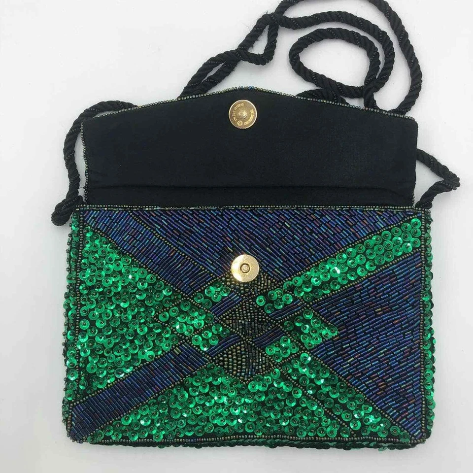 Bolso Cartera Vintage PATRICK SWEENEY Iridiscente Verde y Azul a Cuadros Lentejuelas y Cuentas Foto 3 de 4