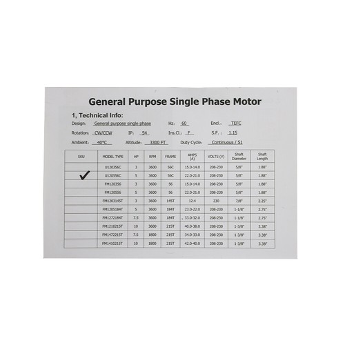 5HP General Purpose Motor 3450RPM Single Phase 208-230V 5/8"Shaft 56C Frame - Picture 20 of 24