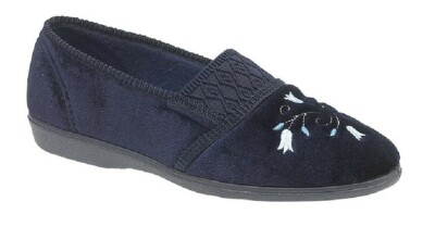 Schlafanzug INEZ LS792 Zwickel Hals gemustert Indoor Slipper dunkelblau Velour
