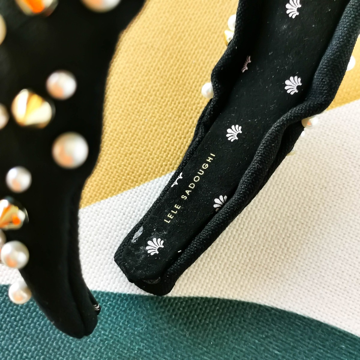 Lele Sadoughi white pearl Jet velvet Headband Gold stud NEW 