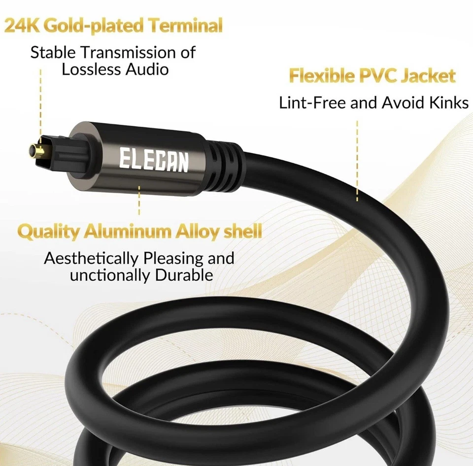 2 Pk Elecan Digital Optical Right Angle Audio Cable 15 Ft Toslink Fiber Optic - Image 2 of 4