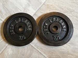 Vintage Jack LaLanne Barbell (2)7.5lbs Weight Plates Stnd 15lb Total Not Olympic