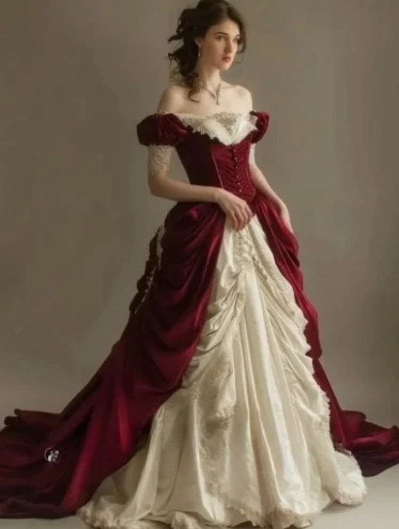 Custom Victoria PromDress Fantasy Vintage Corset Lace Appliqued Pleated Medieval