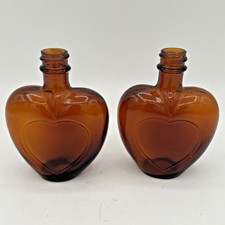 Set of 2 - Brown Amber Glass Heart Shaped Bottles - empty