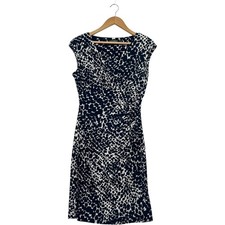 Lauren Ralph Lauren Dress Womens 8 Blue White Abstract V Neck Ruched Faux Wrap