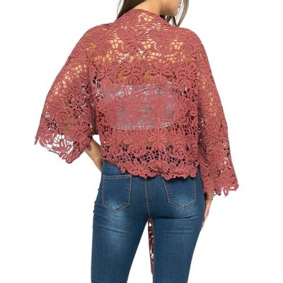 Raj Rust Crochet Tie Front 3/4 Sleeve Lightweight Sheer Viscose Blouse One Size