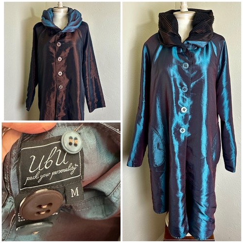 Ex! UBU Raincoat Jacket Iridescent Teal & Brown Reversible Button Up Sz M $201
