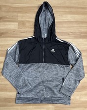 Adidas Youth 14/16 Full Zip Hoodie Black Heather Gray Fleece Lined Logo Stripes