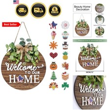 Interchangeable Seasonal Welcome Sign Front Door Decoration, Rustic Round Woo...