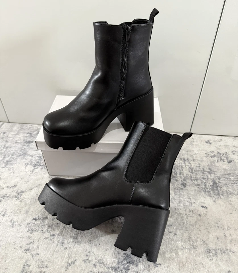Womens Black Platform Ankle Boots Chunky Block Heel Faux Leather Statement Style - Image 4 of 4