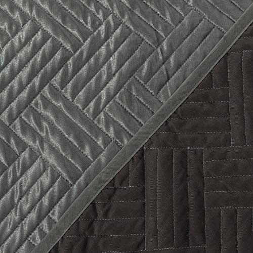  Silk Satin Quilt Set, Geometric Pattern Bedspread Luxury Quilted King Grey