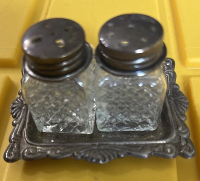Vintage Mini Glass & Silver Plated Salt & Pepper Shaker with Matching Tray