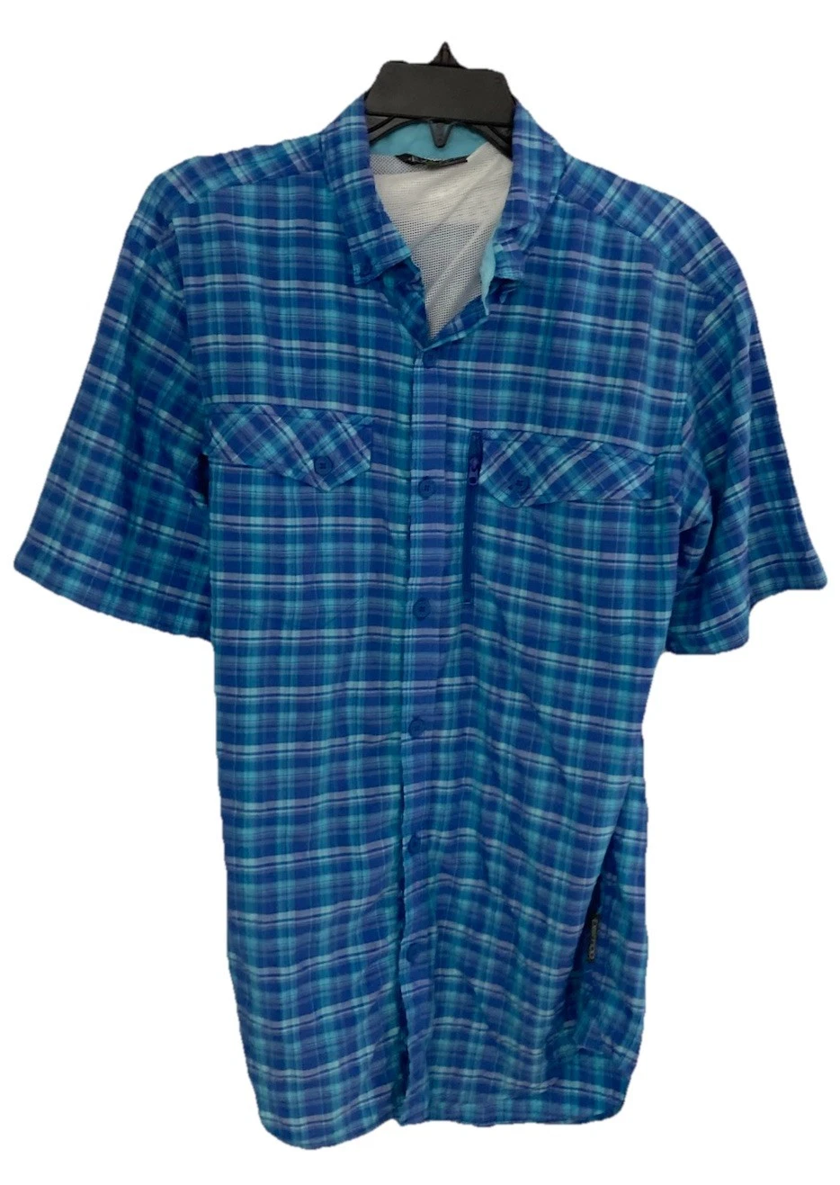 Men's ExOfficio Fishing Shirt Vented Short Sleeve Zip Pocket Blue Plaid Size Med
