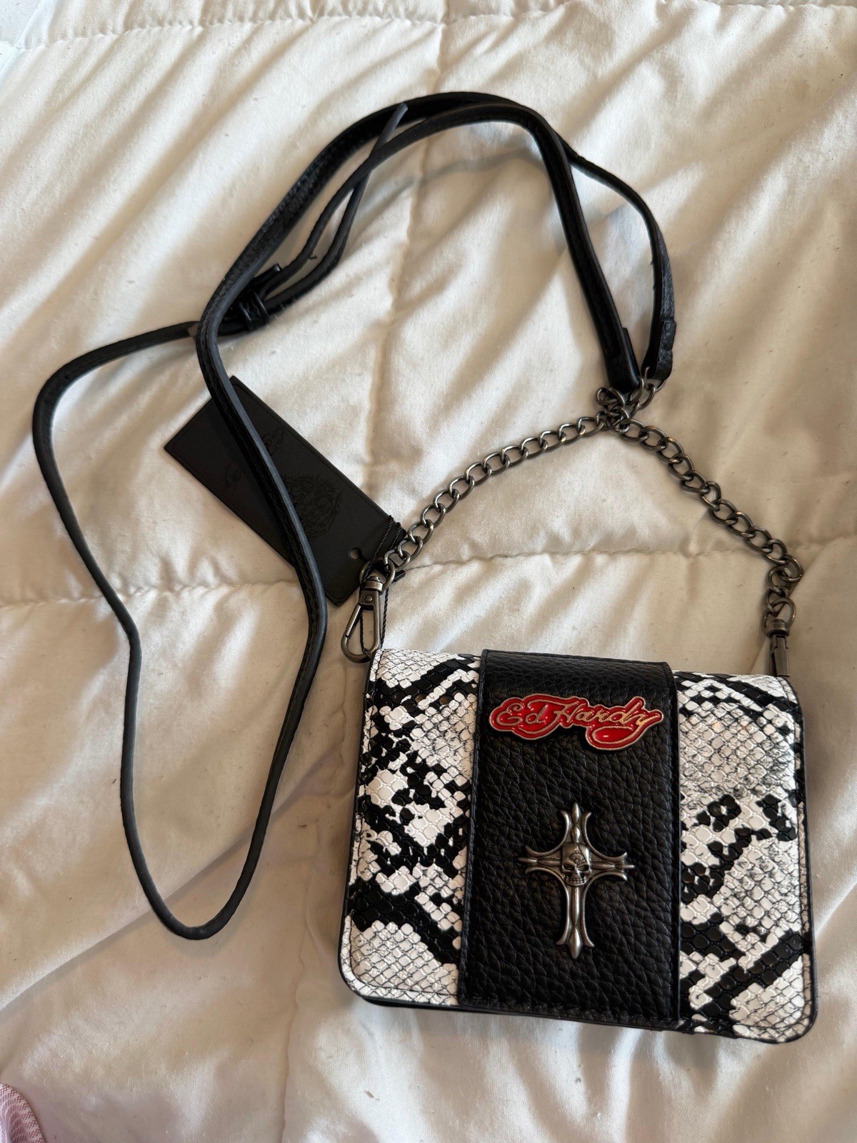 Ed Hardy Mini Crossbody Bag Black White Snakeskin Logo Chain Detachable Strap