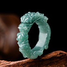 Natural Jadeite Ring Women Man's Grade A Blue Water Dragon Band Ring 9-11