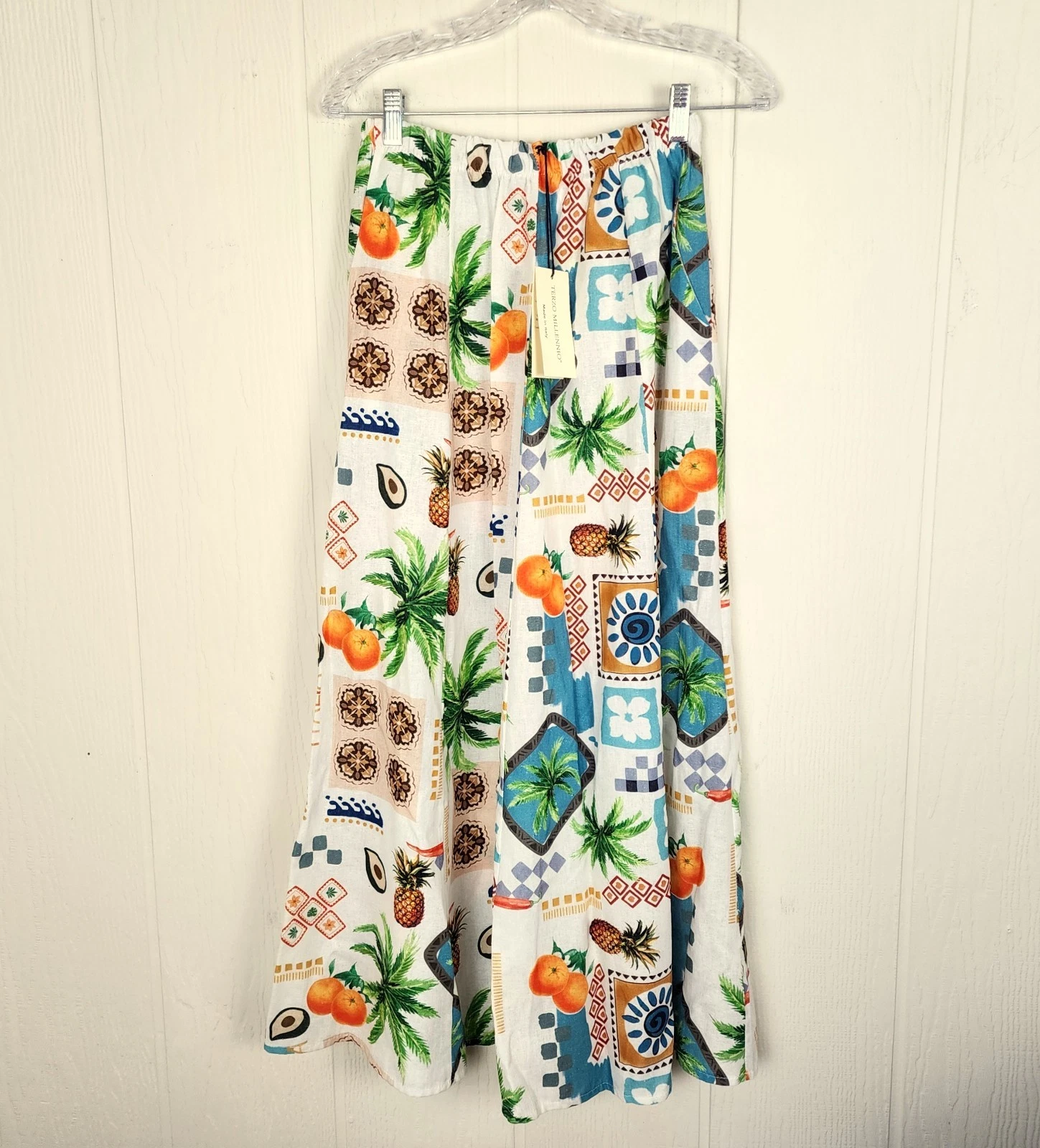NWT Terzo Millennio Linen Blend Skirt Womens Sz M Italian Fruit Tropical Pull On