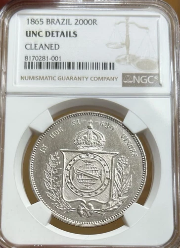 1865 Brazil Silver 2000 Reis NGC UNC Details - Beautiful Uncirculated 2000R Coin
