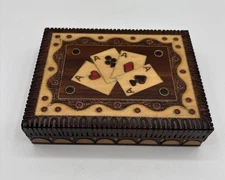 Four Aces Wood Playing Card Storage Box 2 Deck Hand Carved Painted Hinged