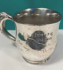 Antique 1899 NURSERY RHYME TOM TOM THE PIPERS SON SILVER PLATE BABY CUP