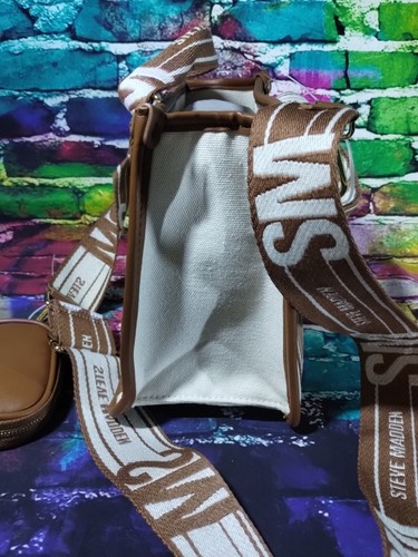 🔥🔥STEVE MADDEN Cream Brown BWEBBER Canvas LOGO Tik Tok CROSSBODY Tote BAG NWT - Picture 5 of 14