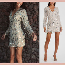 NWT Mac Duggal [ 10 ] 93850 Long Sleeve Beaded Fringe Plunge Neck Dress J1331