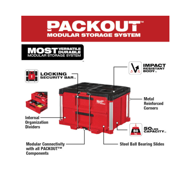 Packout 2Drawer Tool Box, 50lbs Weight Capacity, Impact Resistant Body