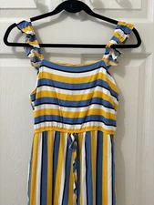Main Strip Blue And Yellow ruffle Straps romper W/ Ruffle Belle Bottom women's S