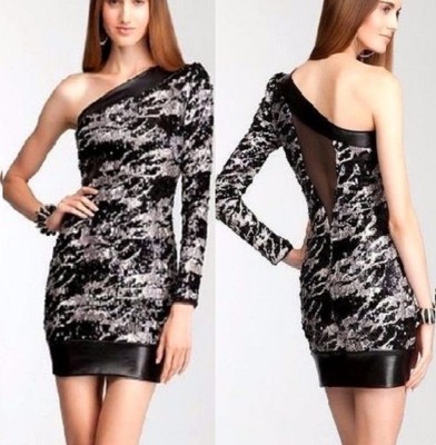 NWT Bebe black silver deep v neck one shoulder sequin long sleeve top dress  XS | eBay
