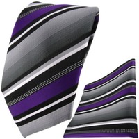 Tigertie Designer Krawatte + Einstecktuch In Lila Silber Grau Weiss Gestreift